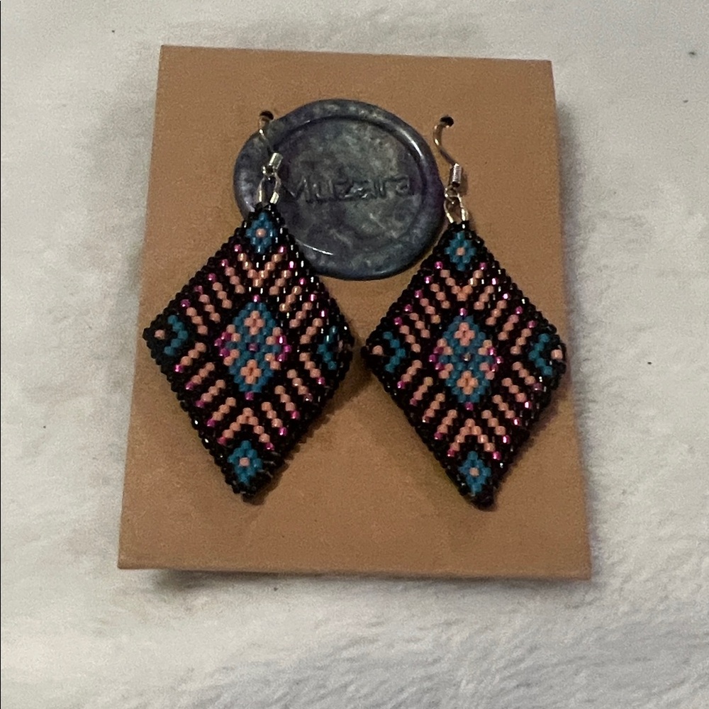 Handmade Beaded Diamond Drop Earrings - Black, Pink & Teal